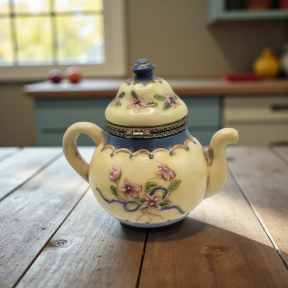 Vintage Porcelain Teapot Hinged Trinket Box Miniature English Rose PHB